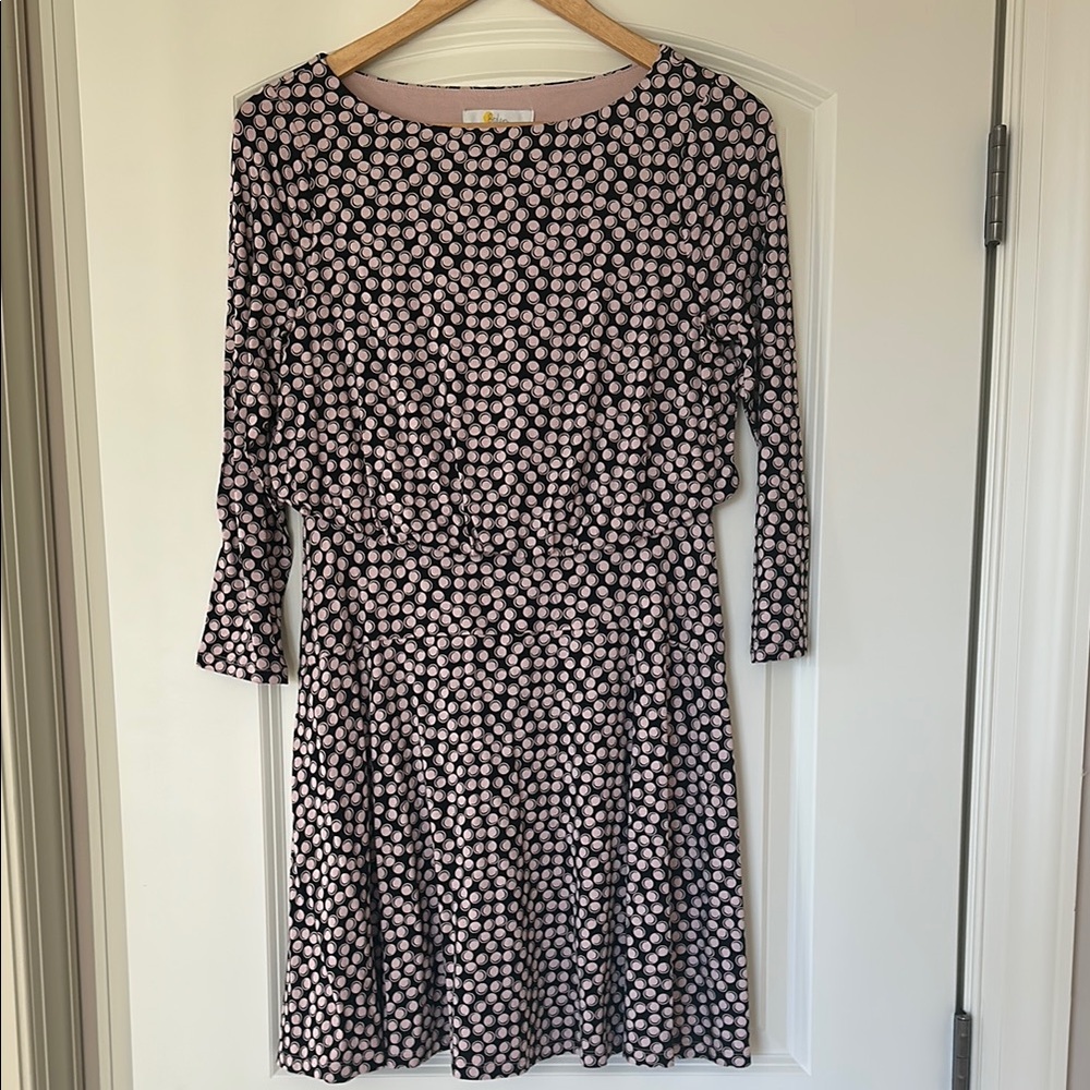 Boden Black and Pink Cuffed Sleeve Fit and Flare Dress
